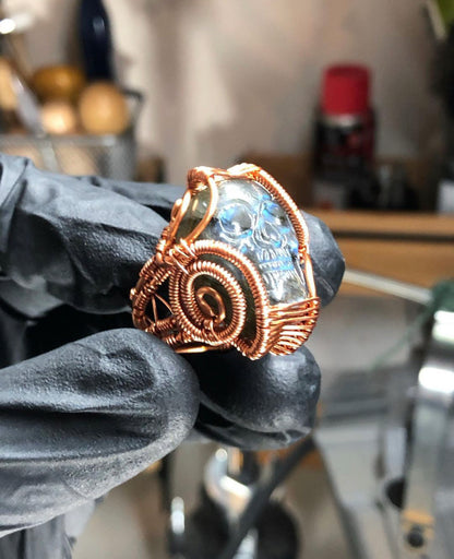 Labradorite Skull Copper Ring - Dragon Style - Premium