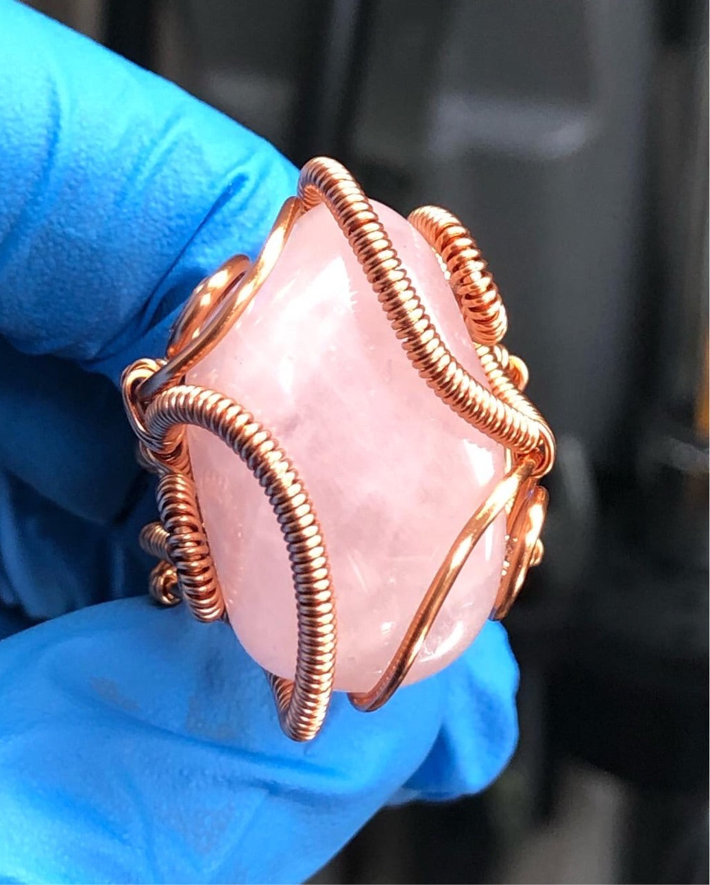 Rose Quartz Copper Ring - Dragon Style