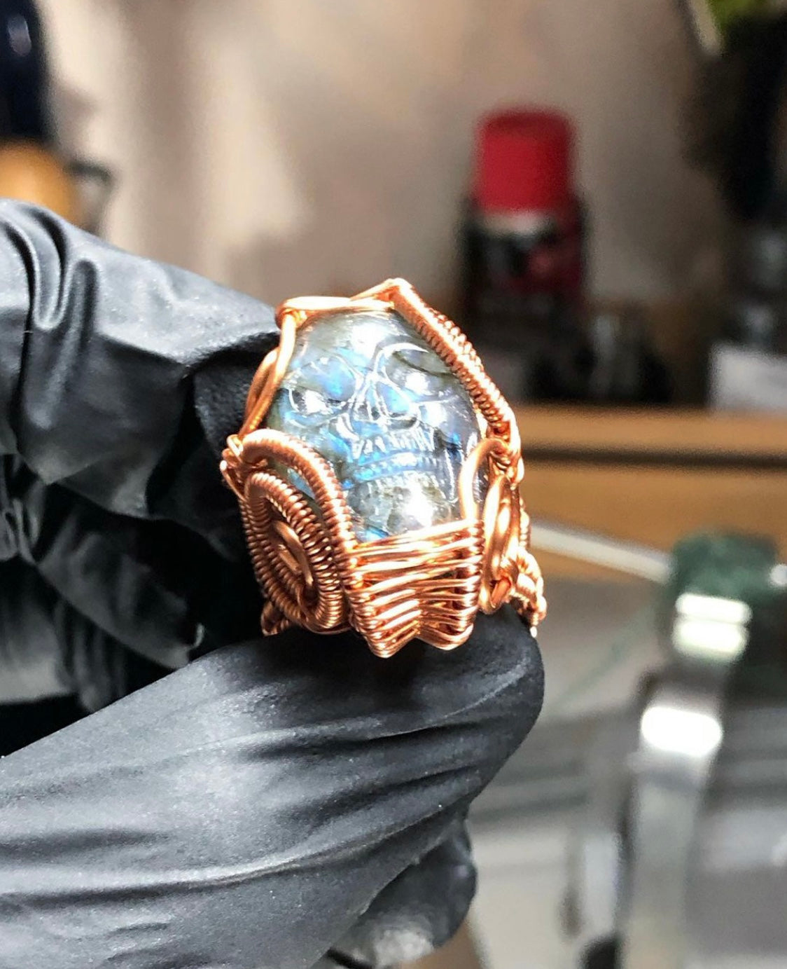 Labradorite Skull Copper Ring - Dragon Style - Premium