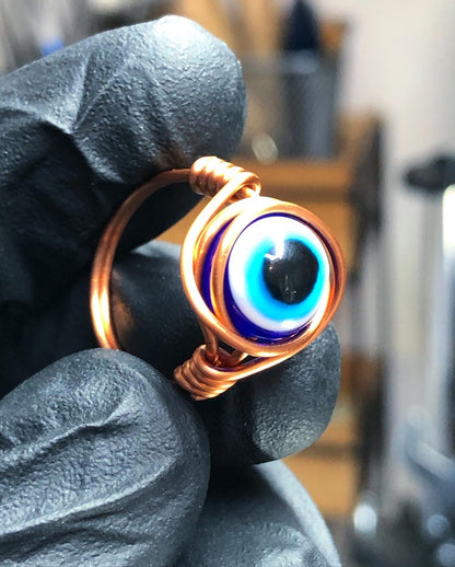 Protection From Evil Eye Resin Beaded Ring - 10mm Copper Band