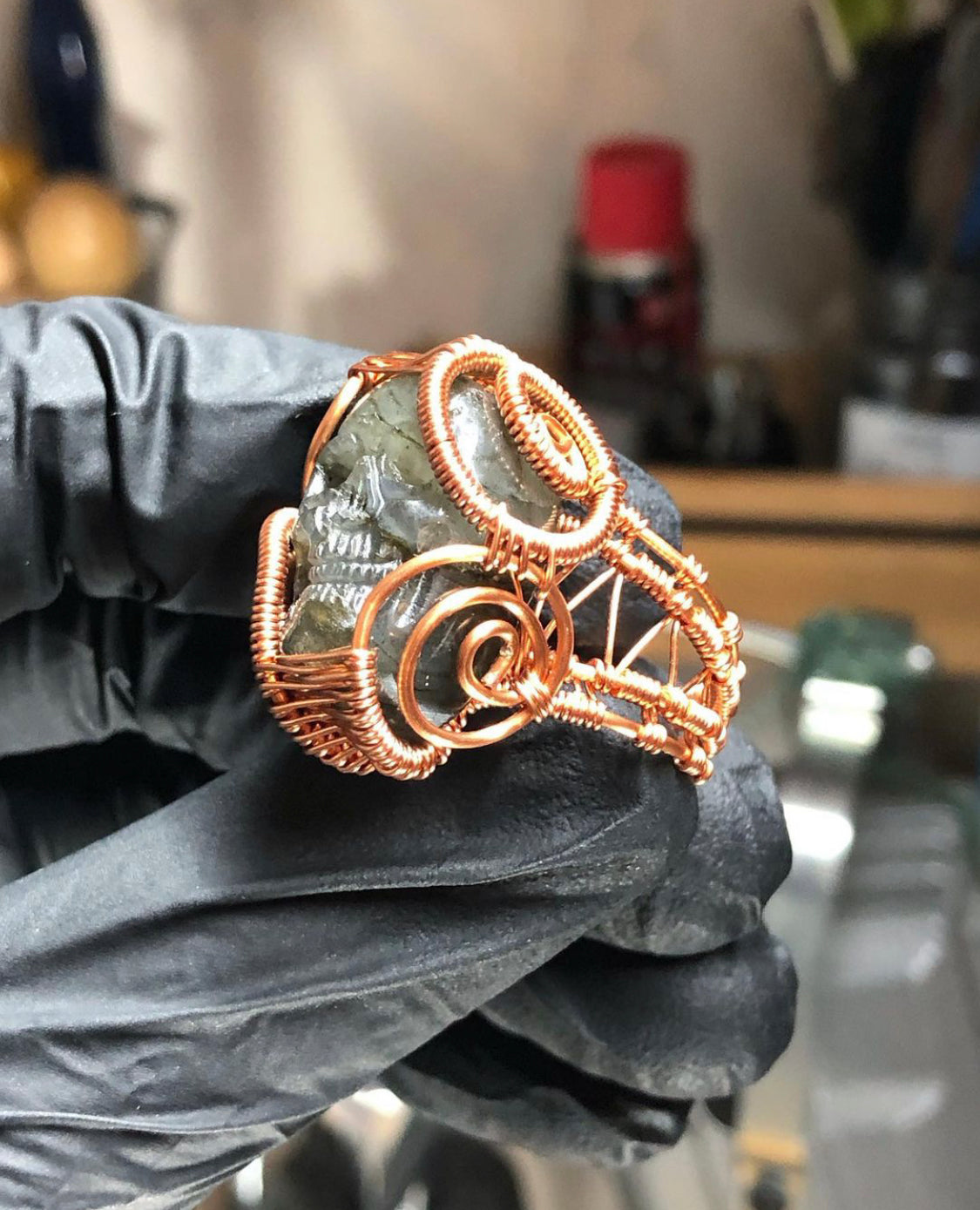 Labradorite Skull Copper Ring - Dragon Style - Premium