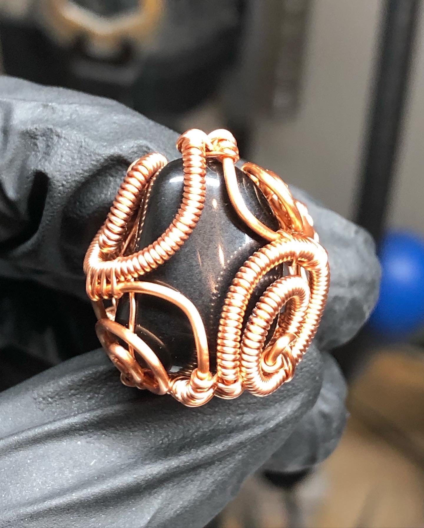 Black Obsidian Copper Ring - Dragon Style