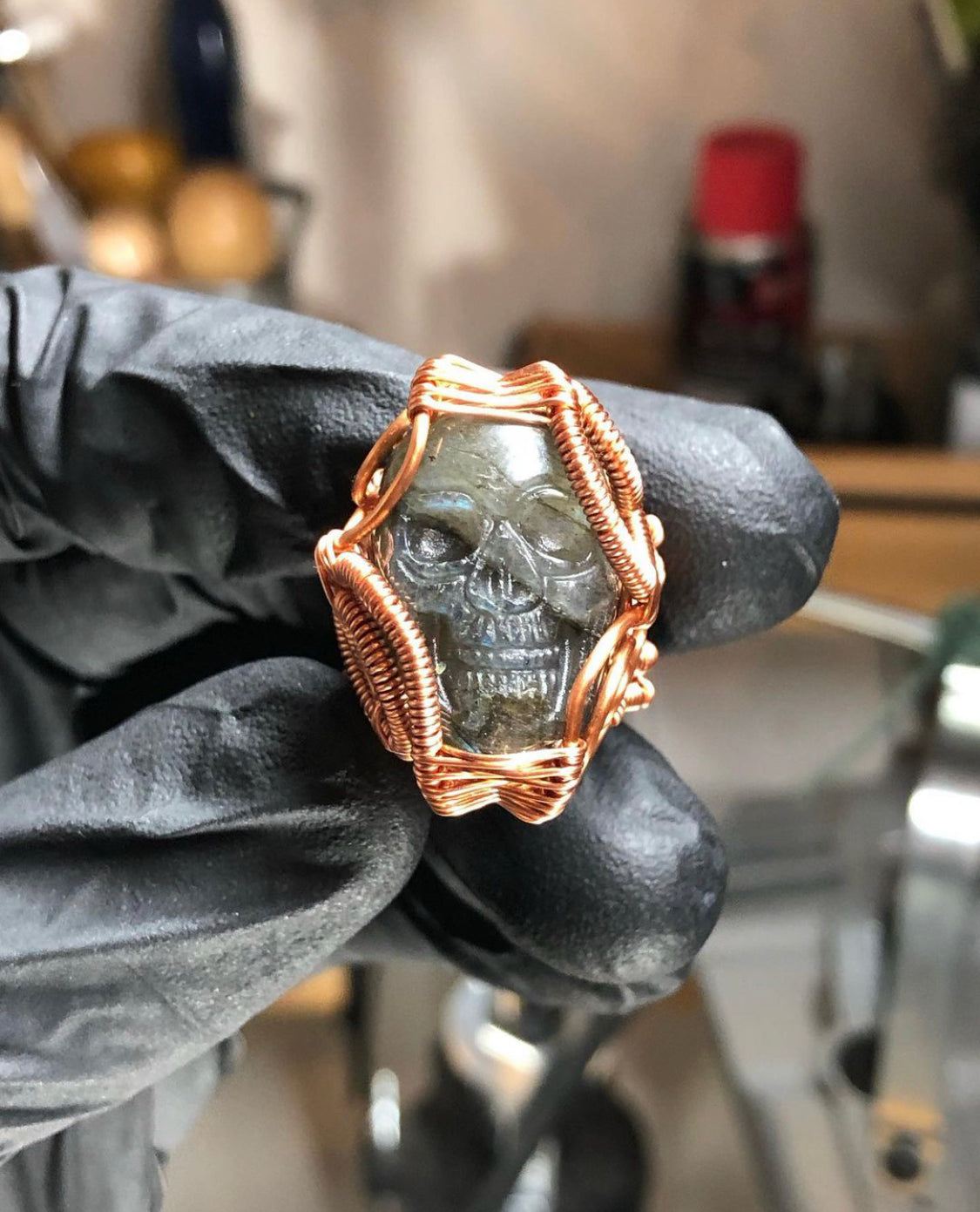 Labradorite Skull Copper Ring - Dragon Style - Premium